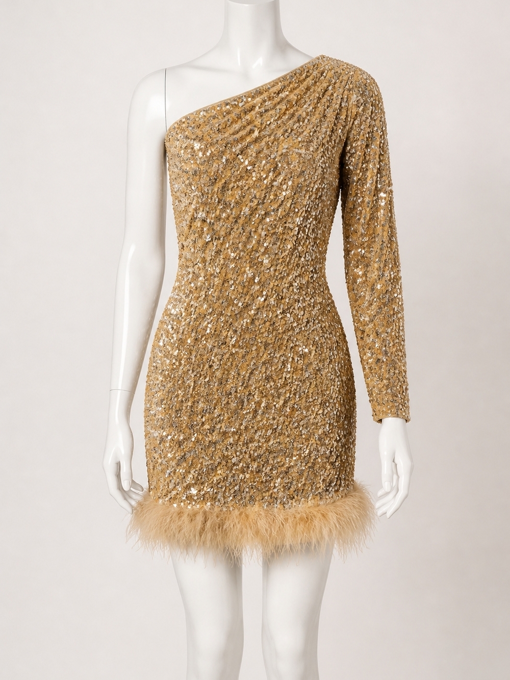 Grace+Emma One-Shoulder Sequin Mini Dress in Gold with Feather Hem
